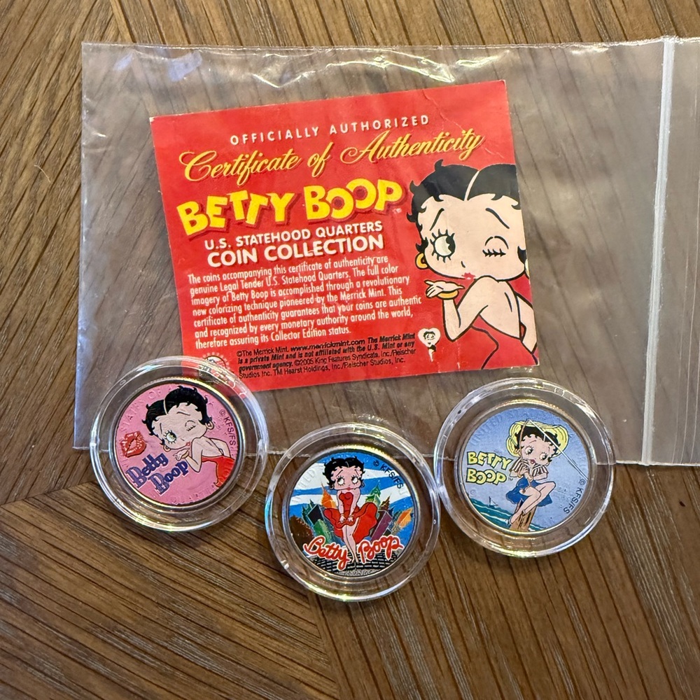 Betty Boop Coin Collection of Quarters, Lot of 3: State of NY, RI, and CA